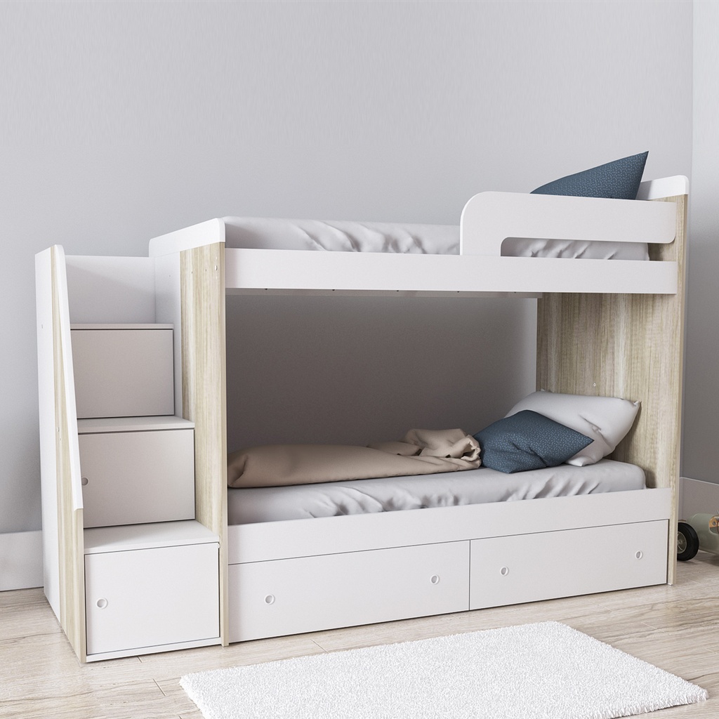 Cama cucheta con escalera lateral 2cajones 80x250cm hel/bla